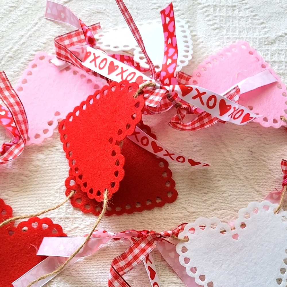 Festive Felt Heart Garland with XOXO Ribbon